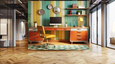 Retro Futuristic Workstation: Nostalgic shapes, bold colors, and chrome accents evoke a mid-century modern aesthetic. Wall mural