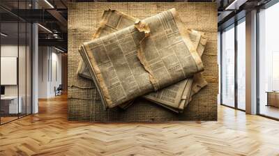 Retro newspaper with torn and creased pages, rough fabric texture in the background, conveying vintage news and worn, aged information. Wall mural