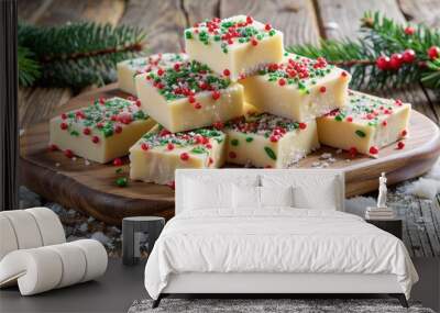 Richly textured, creamy white fudge, sprinkled with red and green festive holly-patterned nonpareils, sits atop a rustic wooden cutting board on a snowy background. Wall mural