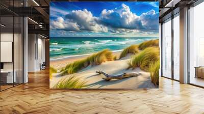 Sandy dunes meet turquoise waves at a serene coast, with weathered driftwood and beach grasses stretching towards a vast, cloud-dotted blue horizon. Wall mural