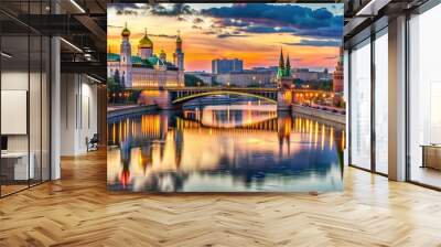 Serene evening scene of Moscow's River Moskva, with tranquil waters reflecting the city's majestic skyscrapers, historic bridges, and lush greenery-lined riverbanks. Wall mural