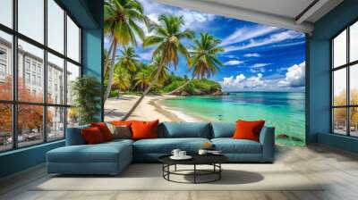 Serene tropical beach with swaying palm trees, clear turquoise water, and powdery white sand, evoking a sense of tranquility and relaxation in Paradise, California. Wall mural