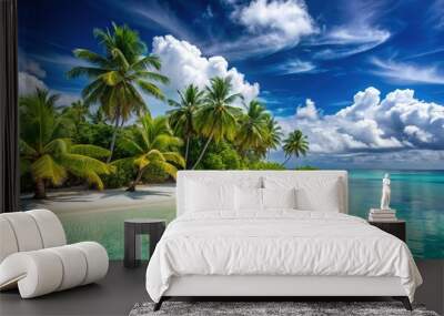 Serene tropical island paradise with pristine white sandy beaches, swaying palm trees, and crystal-clear turquoise waters under a bright sunny sky. Wall mural