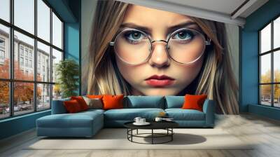 Serious Girl in Silver Round Spectacles: Pensive expression, slight frown, circular frames with metallic silver rims Wall mural