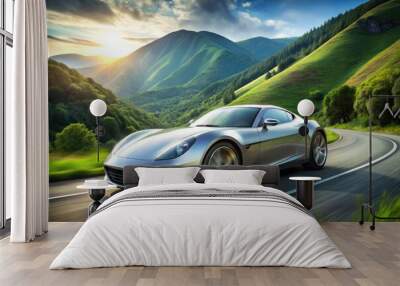 Sleek, silver sports car with glossy wheels and modern design elements drives on a winding road surrounded by lush green trees and hills. Wall mural