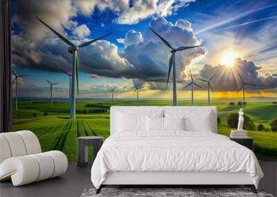 Sleek wind turbines stand tall amidst lush green fields, harnessing nature's power to generate clean electricity, symbolizing a sustainable future for our planet. Wall mural