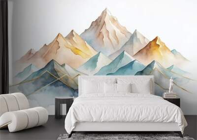 Soft pastel color watercolor abstract brush painting art of beautiful mountains, mountain peak minimalism landscape with golden lines, panorama banner illustration, white background Wall mural