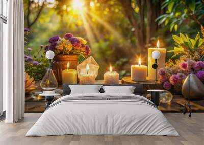 Soothing golden light bathes a serene meditation area with candles, flowers, and crystals, evoking a sense of calmness and inner peace in a natural setting. Wall mural