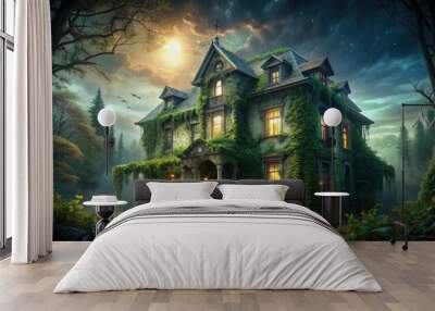 Spooky abandoned mansion looms in the darkness, eerie spotlight shining on crumbling facade, overgrown with vines, perfect for Halloween haunted house attraction promotional materials. Wall mural