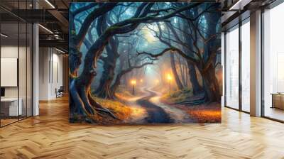 Spooky overhead lighting illuminates a winding, eerie forest path, lined with twisted tree branches, fallen leaves, and mysterious shadows, evoking a sense of foreboding on a dark Halloween night. Wall mural