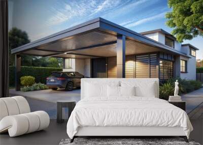 Stylish Urban Property Exterior Featuring An Attached Carport With A Sleek Metal Roof And Spacious Parking Area. Wall mural