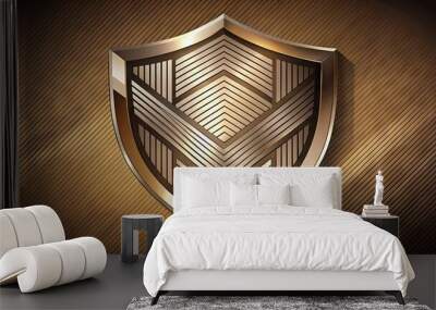 Stylized metallic shield icon with bold lines and geometric patterns, symbolizing protection, strength, and resilience, set against a neutral background with subtle gradients. Wall mural