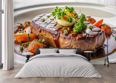 Tender veal steak served with roasted vegetables and rich demiglace sauce on a elegant white plate, garnished with fresh parsley and microgreens. Wall mural