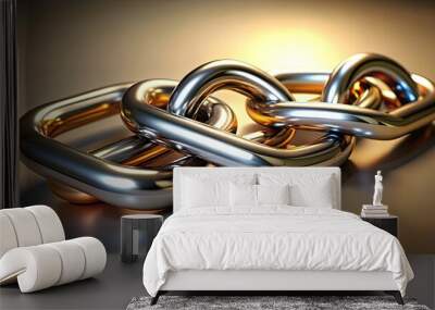 Three metallic chain links interconnected and entwined, symbolizing unity, connection, and strength, against a neutral background with subtle shadows and highlights. Wall mural