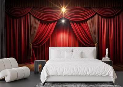 Velvet red curtain dramatically opens to reveal a dimly lit, empty theater stage with spotlights shining down, awaiting a grand performance or special event. Wall mural