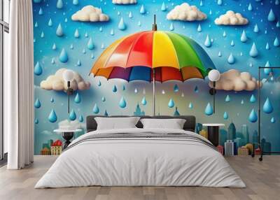 Vibrant, whimsical illustration of a colorful umbrella shielding a tiny cityscape from rain, surrounded by playful clouds and scattered raindrops on a soft blue background. Wall mural