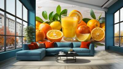 Vibrant and refreshing still life of freshly squeezed orange juice in a glass, garnished with sliced oranges, lemons, and leaves on a clean white background. Wall mural