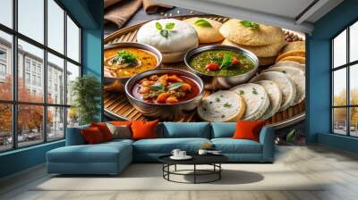 Vibrant arrangement of steaming idlis, crispy dosas, and savory sambar, surrounded by fresh cilantro, chutneys, and Wall mural