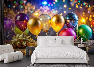 Vibrant balloons, glittering confetti, and shiny metallic noise-makers adorn a table amidst a background of glittering lights, setting the stage for a festive New Year's celebration. Wall mural