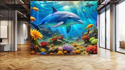 Vibrant blue dolphin swims playfully surrounded by diverse tropical fish, coral, and seaweed in a stunningly colorful and lively underwater marine ecosystem. Wall mural