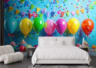 Vibrant colorful balloons and confetti scattered across a bright blue background, surrounded by birthday decorations, await a special child's celebration of another year of life. Wall mural