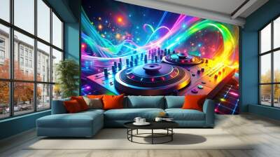 Vibrant colorful sound waves and musical notes swirl around a DJ console, highlighting the energy and creativity of royalty-free electronic dance music for video content. Wall mural