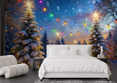 Vibrant colorful twinkling lights adorn a snowy winter wonderland night sky, casting a magical glow on frosty trees Wall mural