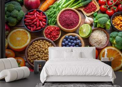 Vibrant Display Of Fresh Fruits, Vegetables, And Legumes Showcasing The Natural Sources Of Essential Vitamin B Wall mural