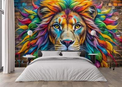 Vibrant graffiti artwork of a regal lion's face, with bold brushstrokes and vibrant colors, adorns a gritty urban street wall, exuding urban edginess and creative flair. Wall mural