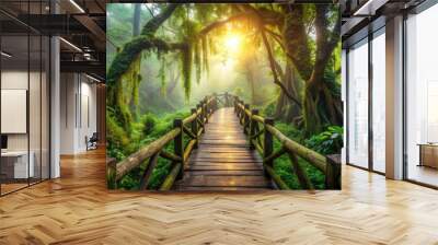 Vibrant green foliage envelops a rustic wooden bridge, surrounded by tangled vines and majestic trees, in a misty jungle atmosphere with dappled sunlight filtering through. Wall mural