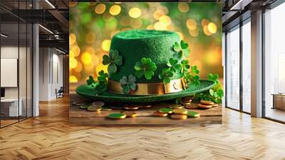 Vibrant green shamrocks, four-leaf clovers, and golden coins overflow from a festive Irish-themed party hat, surrounded by soft focus bokeh lights and blurred celebratory atmosphere. Wall mural