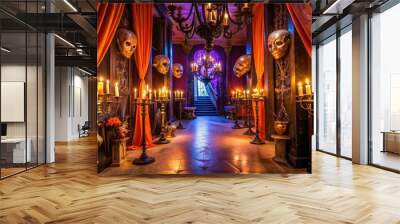 Vibrant orange and purple masquerade ball decorations adorn a dimly lit spooky mansion hallway, complete with candelabras, velvet drapes, and mysterious ornate masks on pedestals. Wall mural