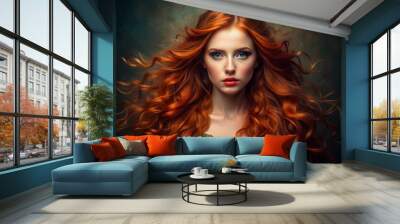 Vibrant red hair cascades down a elegant, antique-style portrait of a young woman, showcasing her striking, flowing locks as the main attraction. Wall mural