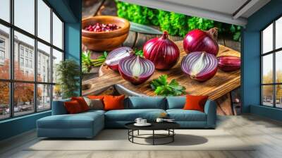 Vibrant red pearl onion halved on a rustic wooden cutting board, surrounded by fresh green herbs, awaiting preparation for a gourmet culinary creation. Wall mural