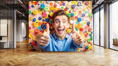 Vibrant smile and energetic thumbs up gesture convey excitement and positivity, surrounded by bright colorful icons and confetti, evoking feelings of joy and celebration. Wall mural