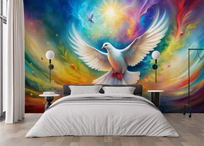 Vibrant watercolor background features a serene white dove, symbol of the Holy Spirit, gently descending amidst swirling abstract shapes and radiant colors. Wall mural