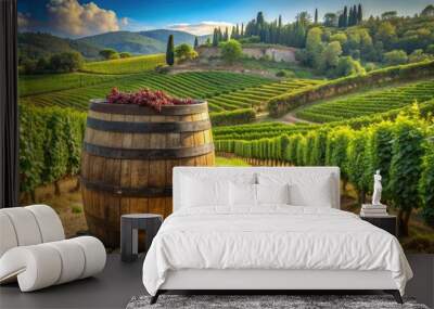 Vintage wooden barrel surrounded by lush greenery and rustic stone walls in a picturesque Italian vineyard, with rows of ripening Chianti grapes in the background. Wall mural