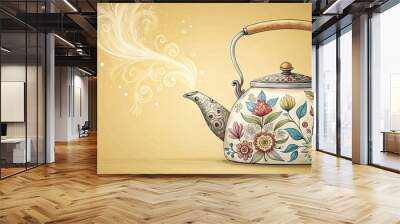 Whimsical hand-drawn illustration of a vintage-style kettle with intricate floral patterns, steam rising from the spout, set against a soft, creamy yellow background. Wall mural