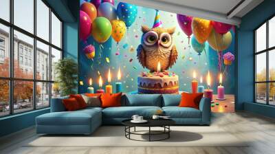 Whimsical illustration of a joyful owl perched on a colorful cake, surrounded by candles, balloons, and confetti, celebrating a magical and unforgettable birthday moment. Wall mural