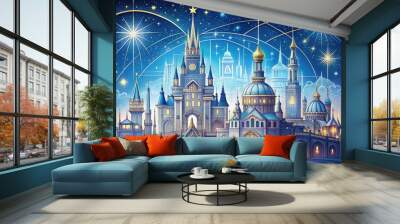 Whimsical line art illustration of a mystical fantasy city with towering spires, grand archways, and wondrous architecture, set against a backdrop of twinkling stars. Wall mural