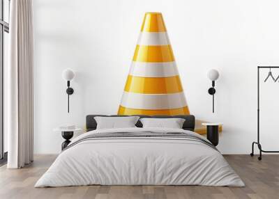 Yellow construction cone with reflective stripes isolated on a white background, vector illustration of a caution symbol for roadwork or construction zone warning. Wall mural