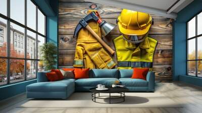 Yellow hard hat and safety vest laid out with firefighting gloves, respirator, and axe, on a distressed wooden background, evoking emergency response preparedness. Wall mural