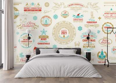 Christmas and happy new year wishes labels and badges set vector illustration Wall mural