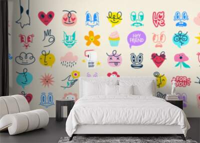 Groovy Funny Love sticker set. Cartoon Characters and Lettering in Different Styles. Happy valentine's day concepts. Trendy retro 60s 70s style emoji snd Templates. Full Vector Illustrations Wall mural