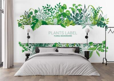 Horizontal floral frame. Tropical foliage and branches. Template for banner, card, poster, greetings, header. Vector flat illustration Wall mural