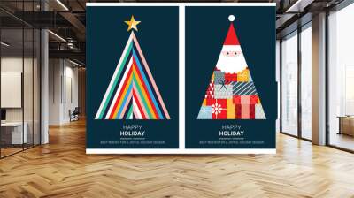 Merry Christmas modern card set elements greeting text lettering blue background vector Wall mural