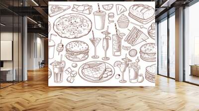 Vector set with food and drink hand drawn Wall mural