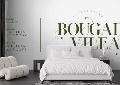 Bougainville elegant font alphabet uppercase lowercase and number. Classic lettering minimal fashion designs. Typography modern serif fonts regular decorative vintage concept. Vector illustration Wall mural