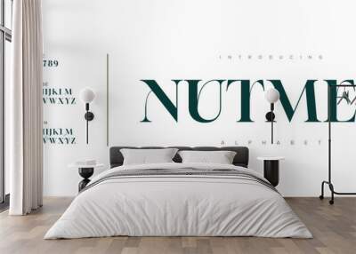 Nutmeg elegant font alphabet uppercase lowercase and number. Classic lettering minimal fashion designs. Typography modern serif fonts regular decorative vintage concept. Vector illustration Wall mural