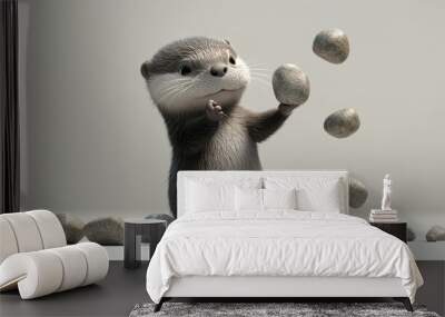 3D playful cartoon otter juggling rocks on a white background Wall mural